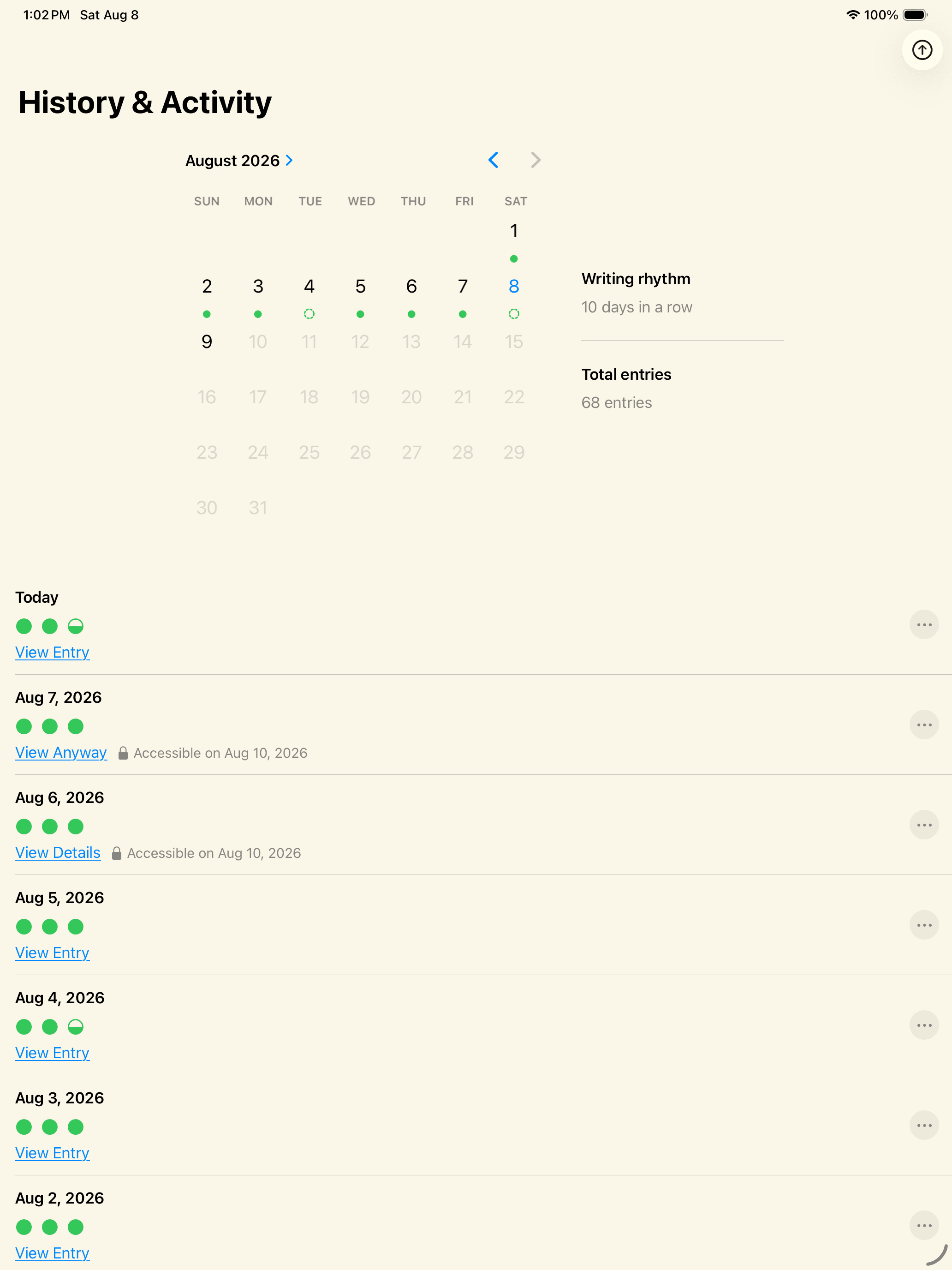 Dawn Pages Morning Pages history and writing activity calendar on iPad.