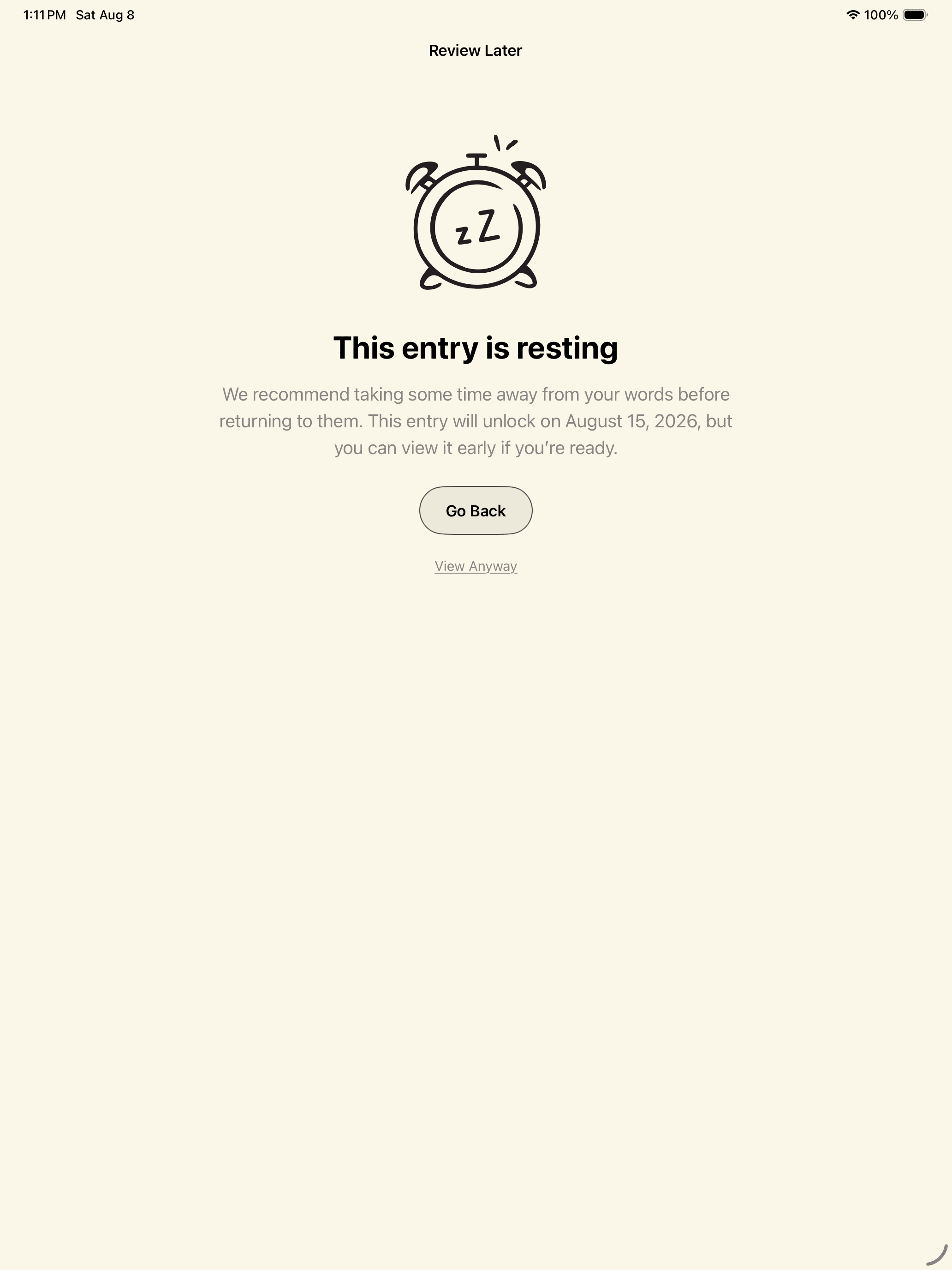 Dawn Pages private journal review screen explaining that an entry is resting.