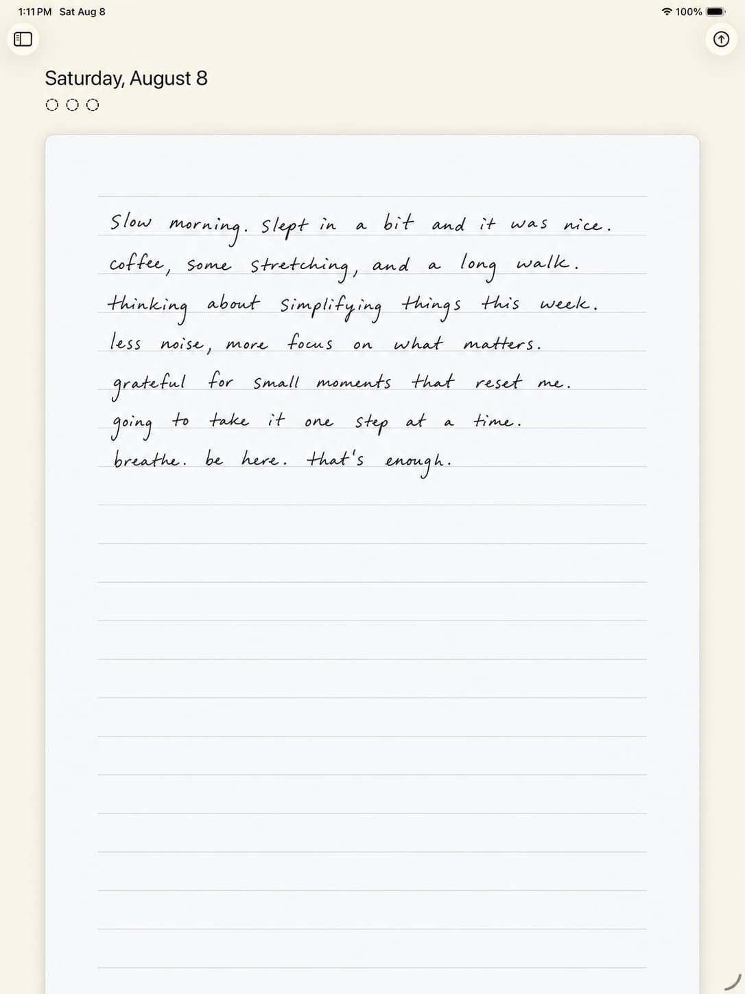 Dawn Pages Morning Pages journal with a fictional handwritten entry on iPad.
